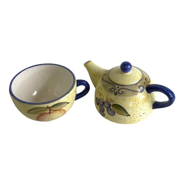 Teapot Cup Set Single Serve 2 Piece Oversize Cup Yellow Fruit Pattern 7" x 4.5" - Picture 4 of 7